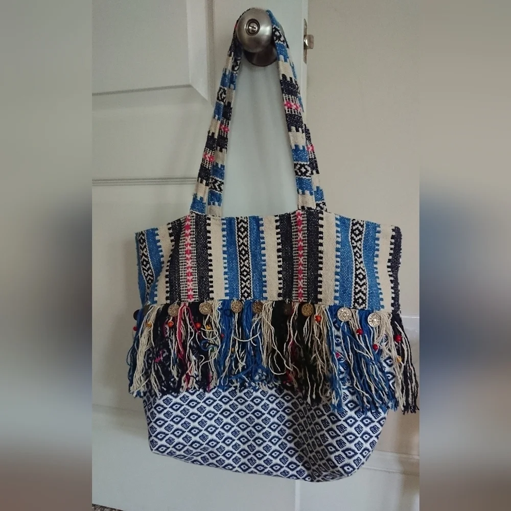 America & Beyond Boho Embroidered Tassel Blue and White Tote Bag